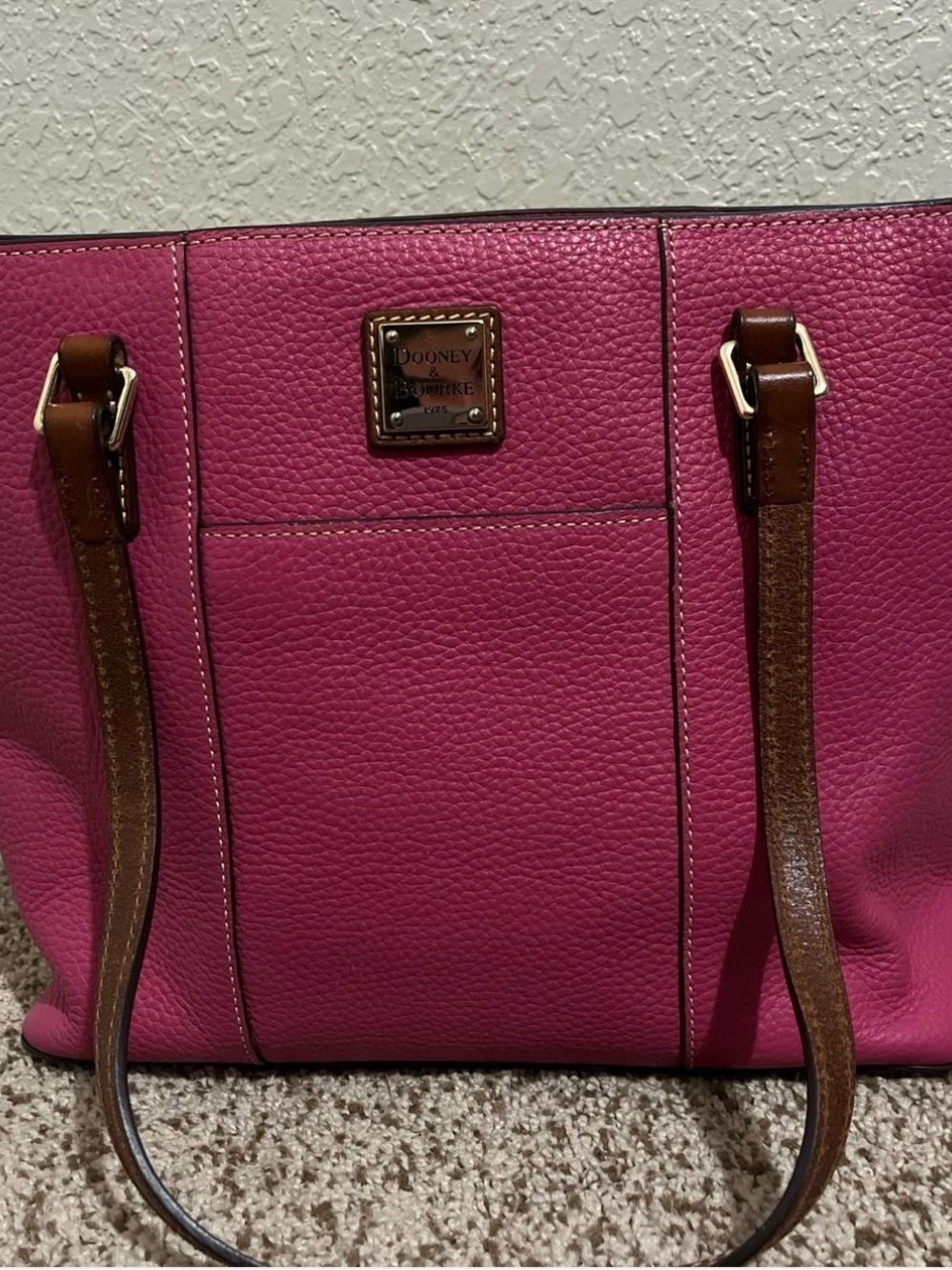 Dooney & Bourke Pink Pebble Leather Tote with Brown Straps and Logo Plaque - Picture 14 of 14